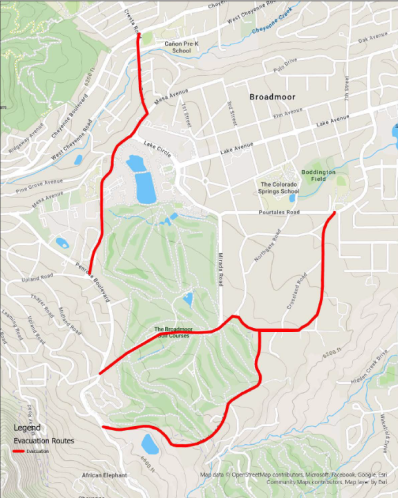 A map of the neighborhood around the Broadmoor that depicts the following evacuation routes for the U.S. Senior Open: El Pomar Road to Mesa Avenue to Cresta Road, West Cheyenne Mountain Blvd. to Marland Road, Marland Road South to Marland Road