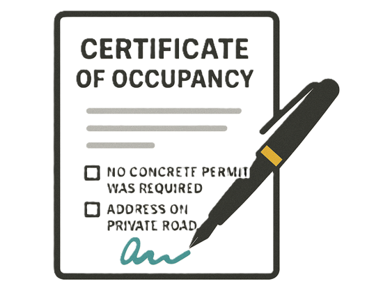 A clip art image of a certificate of occupancy. The certificate reads "Certificate of Occupancy. No concrete permit was required. Address on private road."