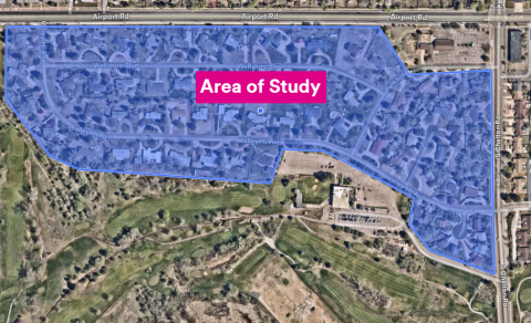 A map of the area around Valley Hi Ave. with the portion of the neighborhood that will be discussed highlighted in blue.