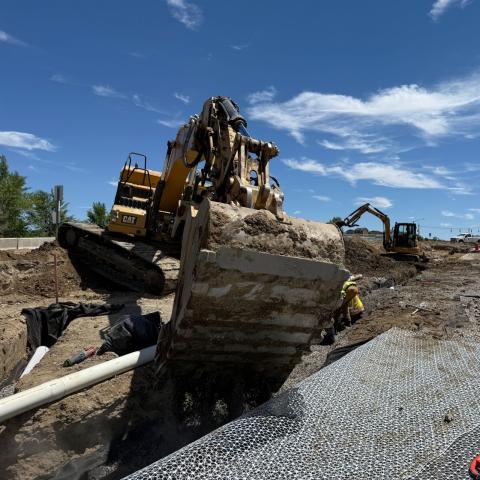 A construction vehicle does work on groundwater mitigation for the Dublin Boulevard Improvements Project.