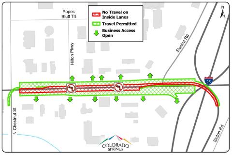Map of the Garden of the Gods Intersection Improvements project detailing adjusted traffic for the duration of the project. No travel is permitted on the inside lanes of Garden of the Gods Road between Interstate 25 and N. Chestnut St.