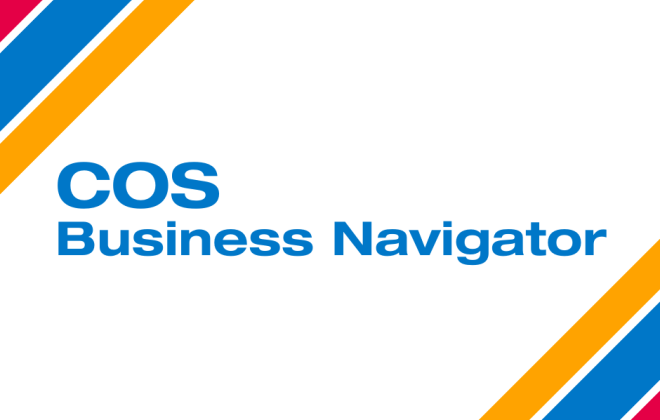 A graphic that reads "COS Business Navigator" with the Olympic city colors.