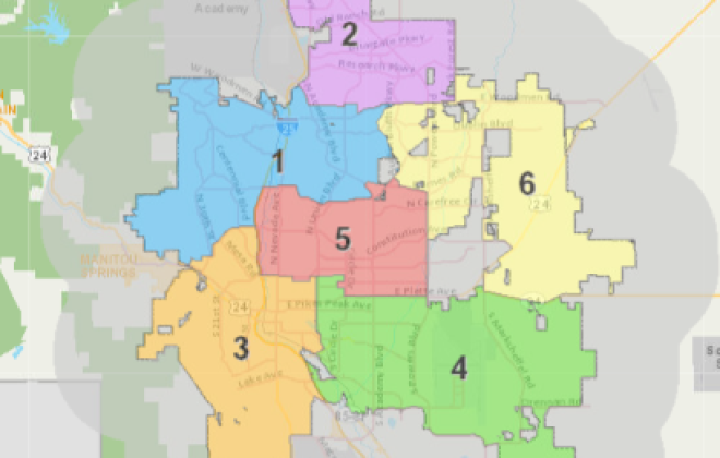 Map of Colorado Springs City Council Districts.