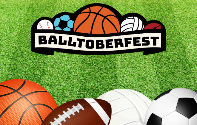 The CSPD Balltoberfest Logo on turf grass with various types of sports balls lining the bottom of the image. 