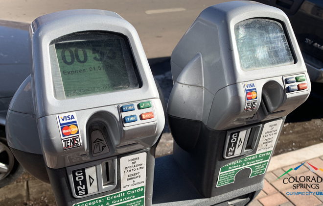 closeup of parking meters