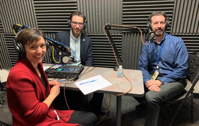 Jen, Ted, and Todd sitting in the audio booth