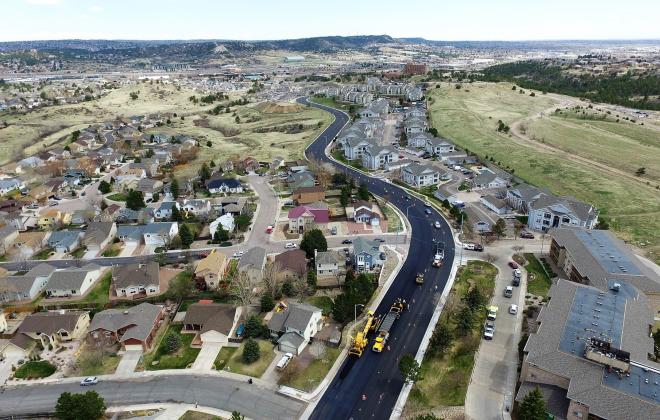 Aerial view of a newly paved road
